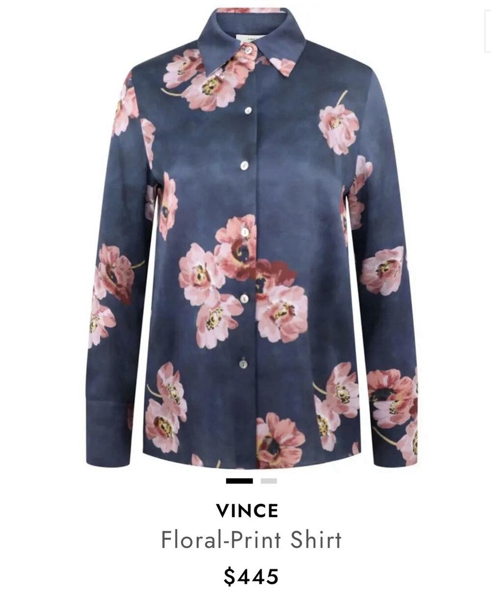 Vince 100% Silk Satin floral Blouse Blue button Women’s Medium luxury feminine